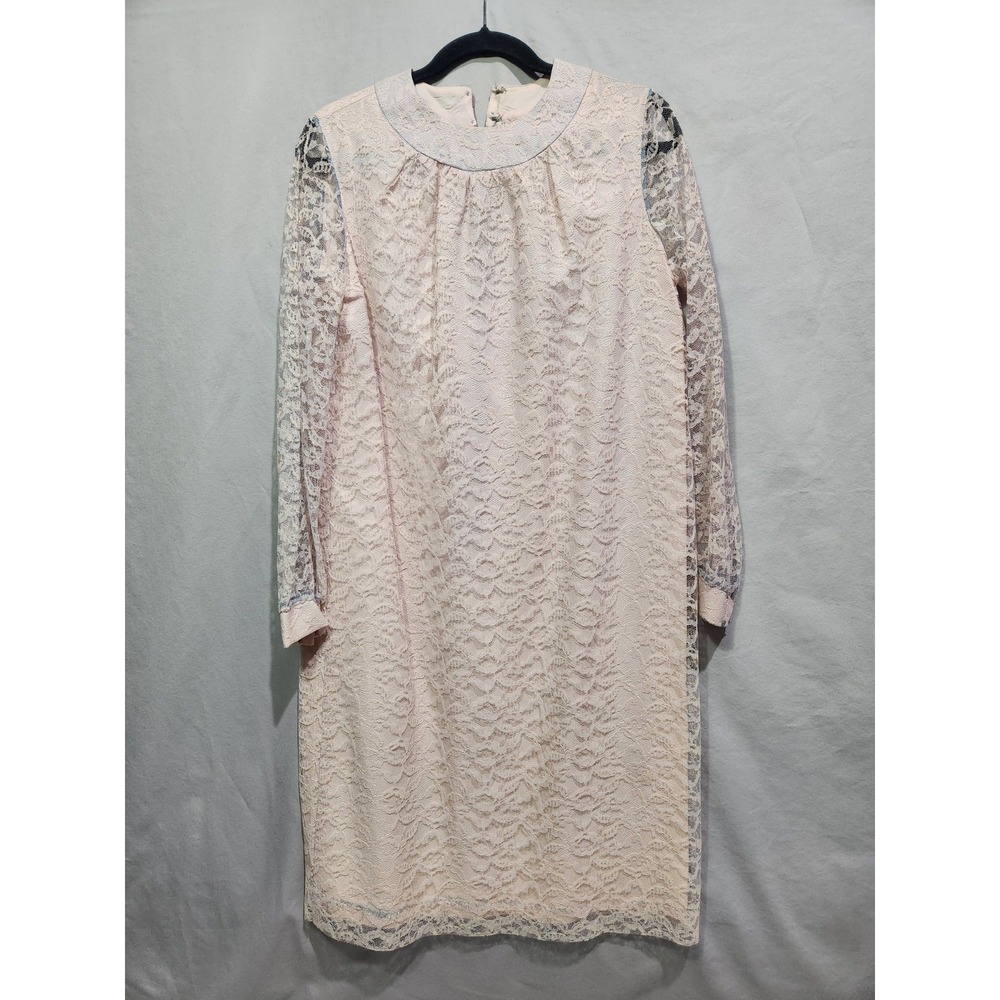 Vintage 60s Pink Lace Mod A-Line Lined Dress Bell Sleeve No Size Handmade?